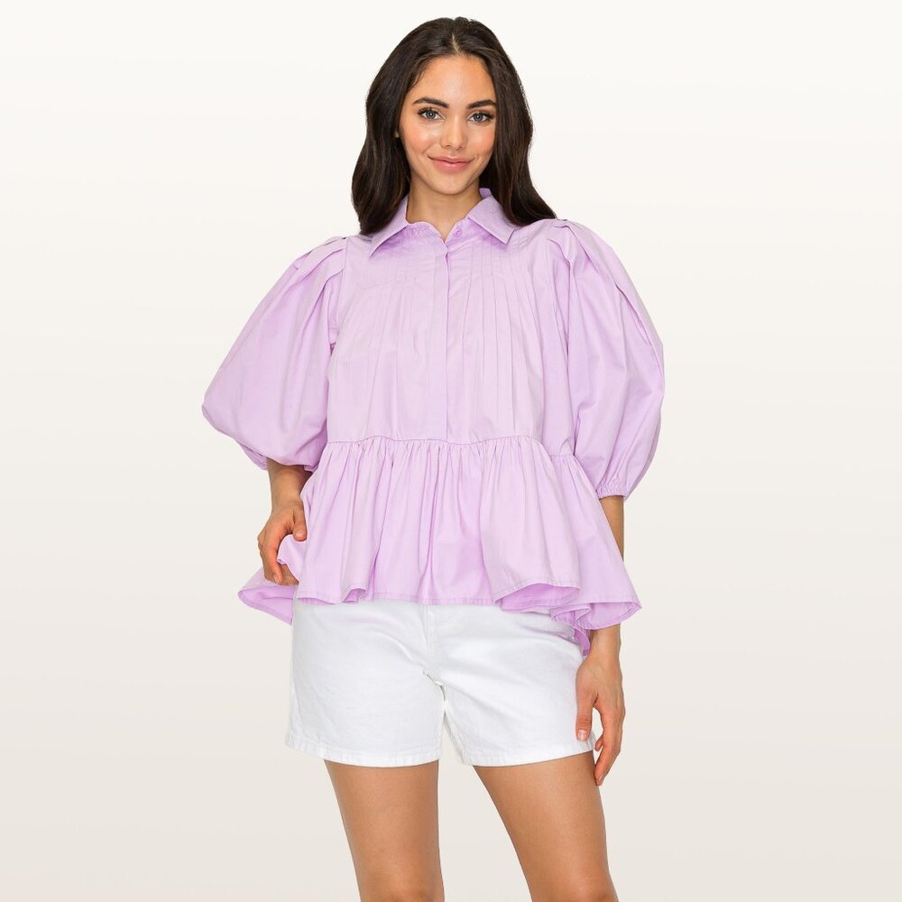 Lavender Peplum Blouse Puff Sleeve Top Collared Button Shirt